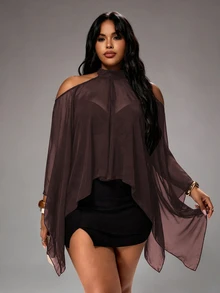 Rustia Plus Size Cold Shoulder Halter Neck Striped Casual Blouse, Comfortable Flowy Shirt For Spring And Summer - Brown - View 5