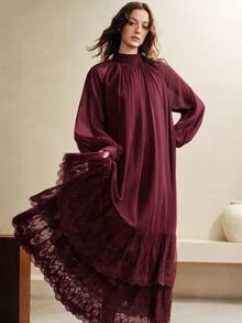 SHEIN Women's Small Stand Collar Chiffon Woven Multi-Layer Ruffle Design Loose Fit Elegant Date Long Dress - Burgundy - View 7