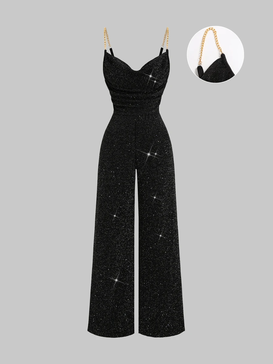 Sweetra Women's Autumn/Winter Cowl Neck Metal Straight Leg Jumpsuit - Black - View 1
