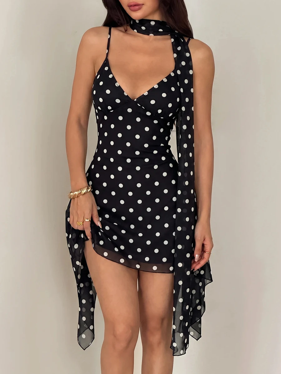 SHEIN PETITE 女款性感豹紋細肩帶迷你洋裝,夏季 - 黑色 - 查看 1