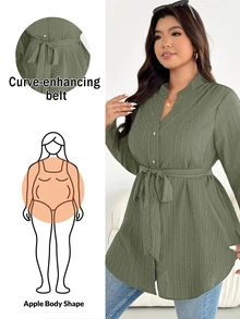 SHEIN Essnce 大尺碼休閒百搭純色附腰帶襯衫 - 軍綠色 - 查看 1
