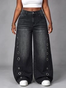 SHEIN MOD Plus Size Women's Casual Versatile Daily Travel Denim Jeans With Pocket, Button And Eyelet Decor - Black - View 3