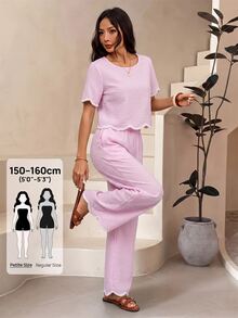 SHEIN PETITE 2件組女款夏季休閒黑白格紋對比色圓領短袖上衣與長褲套裝 - 粉色 - 查看 1