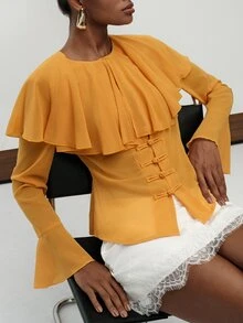 Aveloria Modichic Blus Wanita Lengan Panjang Elegan Warna Kuning Keemasan Polos Bahan Chiffon dengan Kerah Syal, Kancing Katak Cina, Manset Bergelombang, dan Pinggang Terikat, Cocok untuk Acara Brunch di Musim Panas. - Kuning - View 4