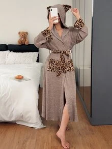 Napfluff Lazy Hooded Loungewear Robe, Contrast Leopard Print Pocket Patchwork Design, Comfortable Long Sleeve Tie-Front Home Pajamas Bathrobe For Autumn/Winter - Multicolor - View 4