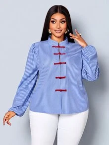SOLERSUN Plus Size Women's Fashion Casual Shirt, Long Sleeve Lantern Sleeve Stand Collar Button-Up Chinese Style Red Frog Button Blouse, Blue Fine Striped Fabric, Suitable For Daily Wear, Holiday, Commuting - Blue - View 8