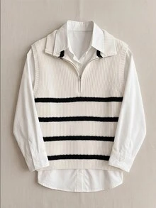 SHEIN Franclia Cream & Black Striped Half-Zip Stand Collar Knit Vest, Loose Soft Layering Slimming Commuter Old Money Style Sleeveless Tank Top, Spring/Autumn - Apricot - View 5