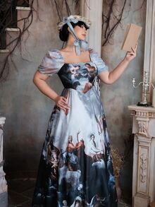 Lyrianda Fashionable Oil Painting Print Waist-Cinching Round Neck Dress Halloween - Multicolor - View 8