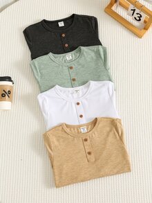 SHEIN 小男孩 4件組針織純色圓領休閒T恤套裝 - 彩色 - 查看 4