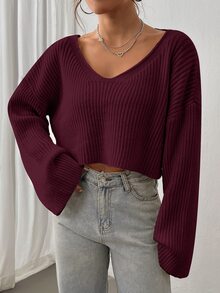SHEIN Unity 女款純色不對稱肩休閒日常長袖針織衫 - 紅色 - 查看 5