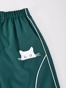 SHEIN 3件組 青少年女孩海軍藍返校系列 藍色條紋飾邊連帽拉鍊外套、背心與寬鬆褲套裝 - 墨綠色 - 查看 4