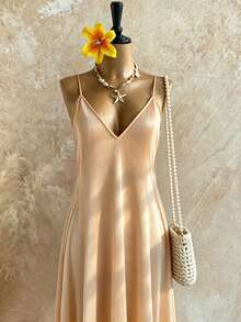 SHEIN Casual Elegant Tropical Fashion Women's Solid Color Spaghetti Strap Dress Vacation Apricot Summer - Beige - View 5
