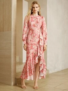 Arave Dress A-Line High Waist Maxi Ruffle Trim Side Split Elegant Sweet Pink Floral Elegant Long Dress Holiday - Rose Red - View 7