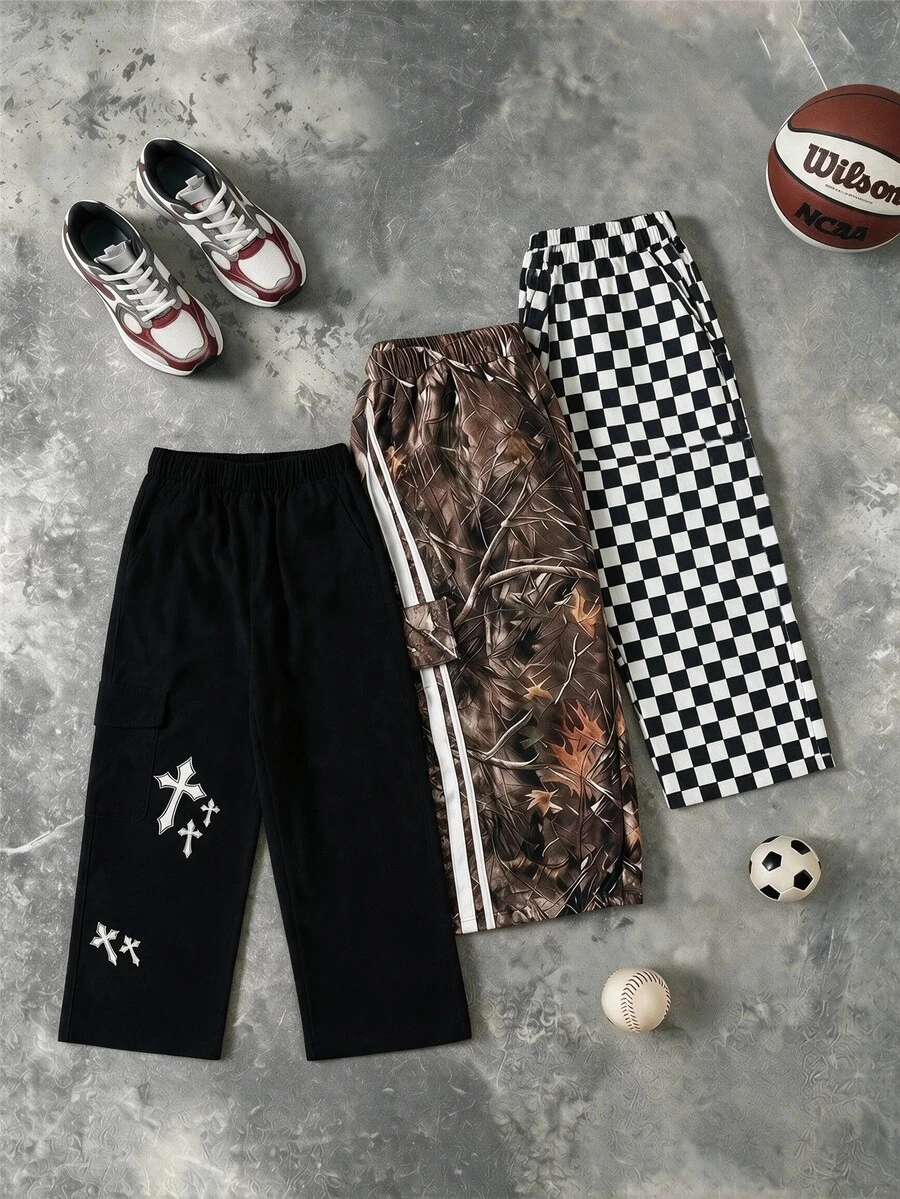 SHEIN Tween Boy Cross Camo Kids Checkerboard Print Casual Loose Pants 3pcs Pieces Set - Multicolor - View 1