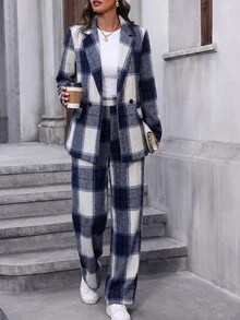 SHEIN 女款格紋長袖夾克與長褲休閒通勤套裝 - 彩色 - 查看 8