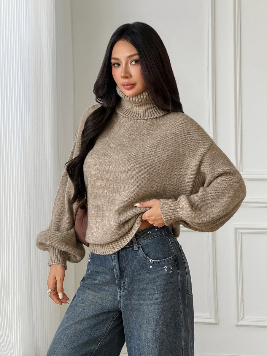 SHEIN PETITE Khaki Turtleneck Long-Sleeve Casual-Chic Commuter Sweater For Petite Women - Khaki - View 1