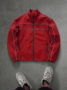 PAVTROS Men's Casual Colorblock Trim Jacket - Red - View 1