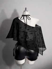 SHEIN ICON 大尺碼雪紡外套與三角杯繫帶背心女款兩件套 - 黑色 - 查看 2