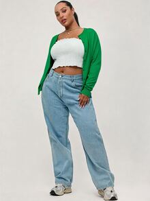 SHEIN BASICS Plain Casual Long Sleeve Plus Size Cardigan In Fall Winter Clothes - Green - View 4