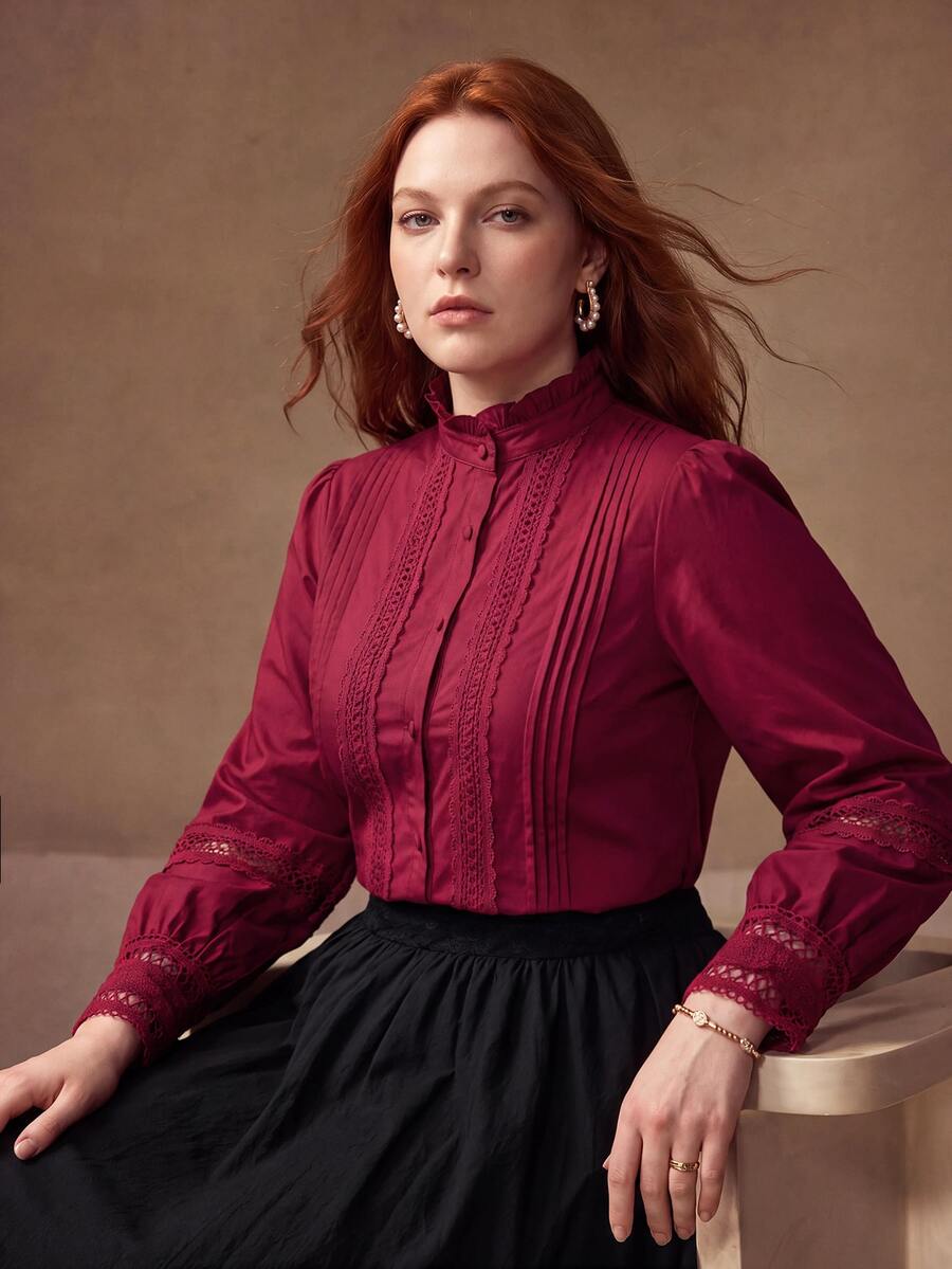 MOTF PREMIUM PLUS SIZE WOMEN'S FRILL TRIM STAND COLLAR CONTRAST LACE BLOUSE FALL - Burgundy - View 1