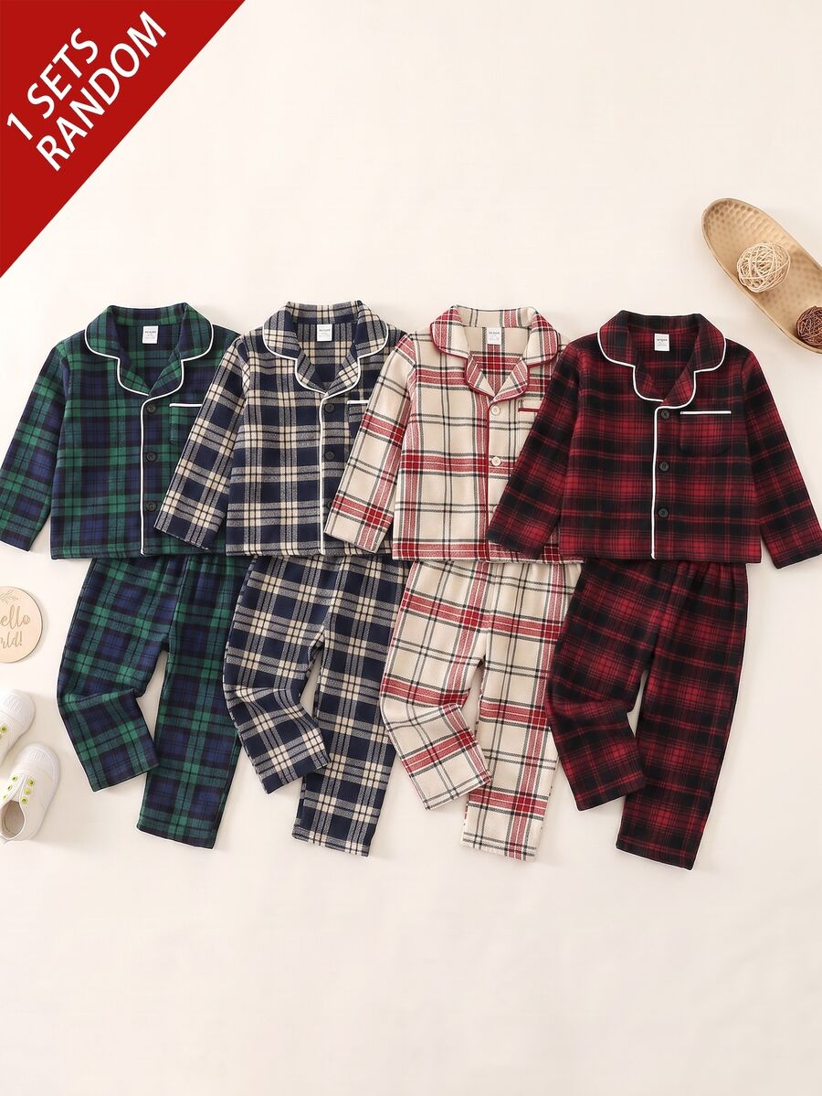 SHEIN 男女嬰兒適用 2件組秋冬休閒可愛海軍藍格紋睡衣套裝,居家服套裝,適合居家休息、睡眠與日常外出 - 紅色 - 查看 1
