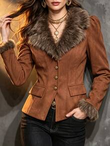 LUMIGAL Women's Plush Patchwork Casual Versatile Daily Wear Long Sleeve Jacket - Brown - View 3