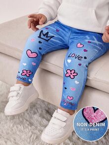 SHEIN 女嬰字母與愛心印花休閒長褲 - 藍色 - 查看 1