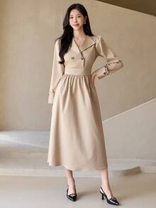 DAZY Women's Solid Color Double-Breasted Puff Long Sleeve Elegant Mid-Length Dress Fall - Apricot - View 3