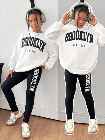 Tween Girls Letter Print Kids Knit Pullover Sweatshirt + Knit Leggings 2 Pieces Set, Casual Fashion Daily Versatile