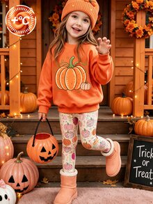 1 Set, Sweatshirt Fleece Lengan Panjang Leher Bulat Motif Oranye dengan Transfer Panas untuk Anak Perempuan + Celana Panjang Pas Badan Motif , Pakaian Kasual Dalam/Luar Ruangan Musim Gugur/Dingin untuk Halloween - MultiWarna - View 7