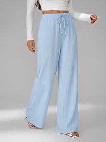 SHEIN Tall Loose Drawstring Waist Trousers In Textured Crinkle Fabric - Sky Blue - View 6