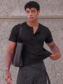 NORVETH 男士夏季休閒修身圓領短袖黑色鈕扣T恤 - 黑色 - 查看 9