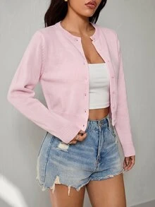 SHEIN PETITE 女款素色單排扣休閒針織長袖開襟衫 - 粉色 - 查看 5