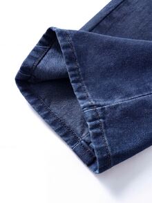 SHEIN 青少年男孩牛仔休閒街頭風日常都市街頭風格彈性腰破損直筒寬腿牛仔褲，適合學校假期，藍色，夏季 - 深色水洗藍 - 查看 5