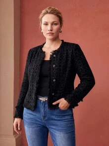 MOTF PREMIUM WOMEN'S PLUS SIZE ELEGANT FRAYED EDGE SINGLE-BREASTED WAIST-CINCHING JACKET FALL - Black - View 1