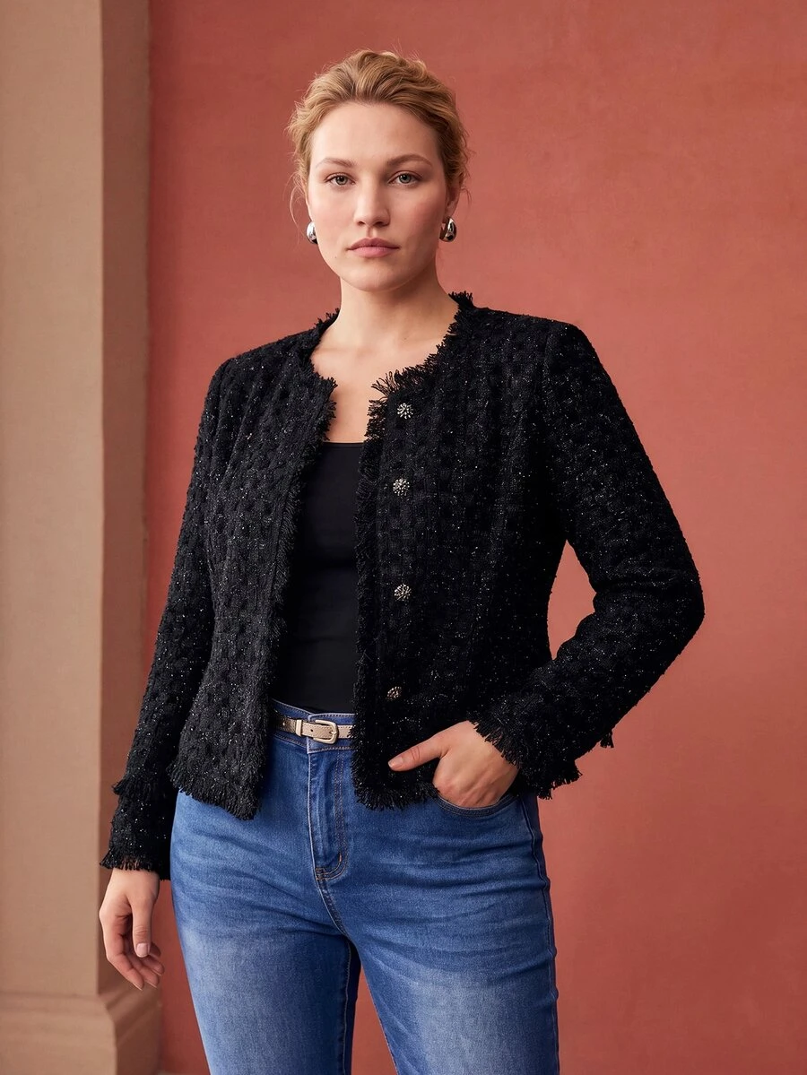 MOTF PREMIUM WOMEN'S PLUS SIZE ELEGANT FRAYED EDGE SINGLE-BREASTED WAIST-CINCHING JACKET FALL - Black - View 1