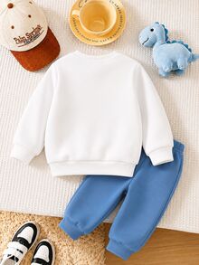 SHEIN 兒童小男孩秋冬保暖內裡刷毛貼布繡運動衫，適合秋冬季節 - 白色 - 查看 2