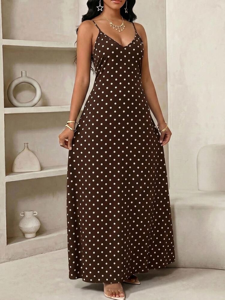SHEIN Lady Plus Size Polka Dot Print Spaghetti Strap Backless Vacation Style Loose Comfortable Dress, Beach Dress, Slip Dress, Bohemian Style Vacation Outfit Suitable For Wedding Guests, Beach Vacation And Summer Evening Party - Brown - View 3
