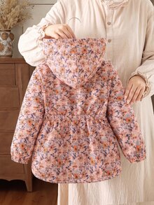SHEIN Elladie kids 1件女童2025冬季新款復古卡其色花卉保暖內裡拉鍊連帽外套，彈性腰部設計，加厚保暖時尚戶外通勤百搭防寒夾克 - 粉色 - 查看 2