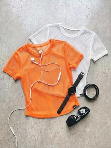 SHEIN Cheerettes 女款休閒網紗透視牛仔運動T恤2件套 - 彩色 - 查看 2