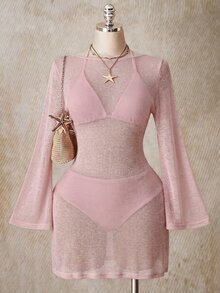 SHEIN ICON 女款大尺碼純色圓領長袖沙灘度假洋裝 秋季 灰粉色 性感 - 藕粉色 - 查看 7