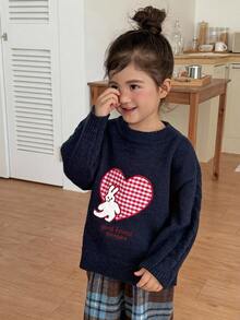 DAZY Young Girl Heart Embroidery Round Neck Drop Shoulder Long Sleeve Casual Sweater - Navy Blue - View 5