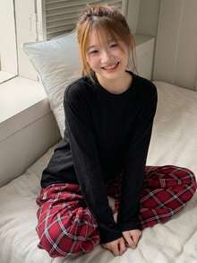 Dazy Kids Teen Girl Solid Color Long Sleeve Top And Plaid Pants Casual Daily Home Pajama Set - Black - View 3