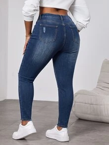 SHEIN MOD Plus Size Women's High Waist Pocket Distressed Skinny Jeans - Medium Wash - View 2