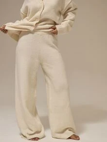 MUSERA ESSENTIALS Off White Fluffy Knit Deep Ribbed Waistband Seamless Front Panel Wide Leg Relaxed Fit Trousers Fall Autumn Winter Christmas - Cream - View 2