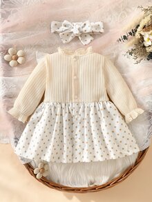 SHEIN Newborn Baby Girl Spring/Autumn Elegant Sweet Ruffle Collar Long Sleeve Ruffle Fake Suspenders Big Bow Brushed Ribbed & Polka Dot Corduroy Dress With Matching Headband - Apricot - View 2