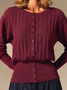 COSMINA Women's Elegant Ribbed Texture Blue Knit Sweater - Burgundy - View 6
