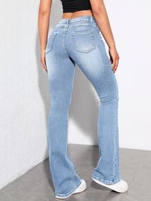SHEIN PETITE Women's Fashionable Street Style Button Flared Denim Jeans - Light Wash - View 2
