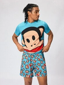 Paul Frank X SHEIN Men's Crew Neck Short Sleeve Top And Shorts Loungewear Set - Blue - View 6