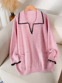 CosyJoli Plus Size Soft Pink Polo Collar Knit Sweater Women Autumn/Winter Contrast Color Trim Loose Ribbed Slouchy Pullover Top Graduation Home Wear Formal Casual Elegant - Pink - View 2